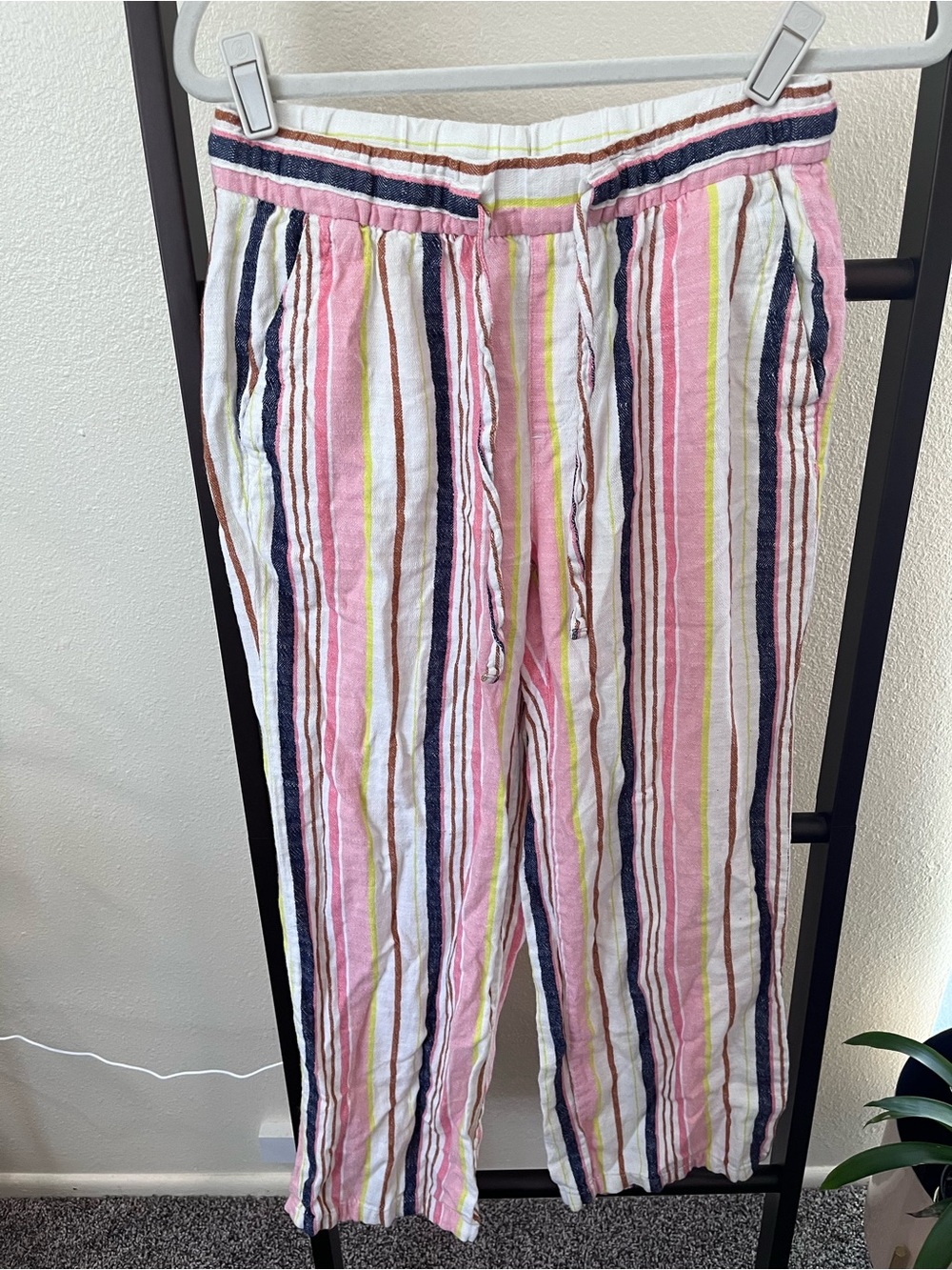 Striped Pink Linen-Blend Drawstring Pants